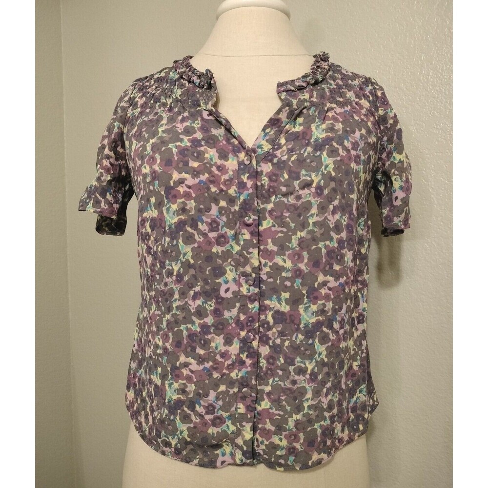 Boden Size 4 Floral Print Blouse Button Front Short Sleeve Top Purple